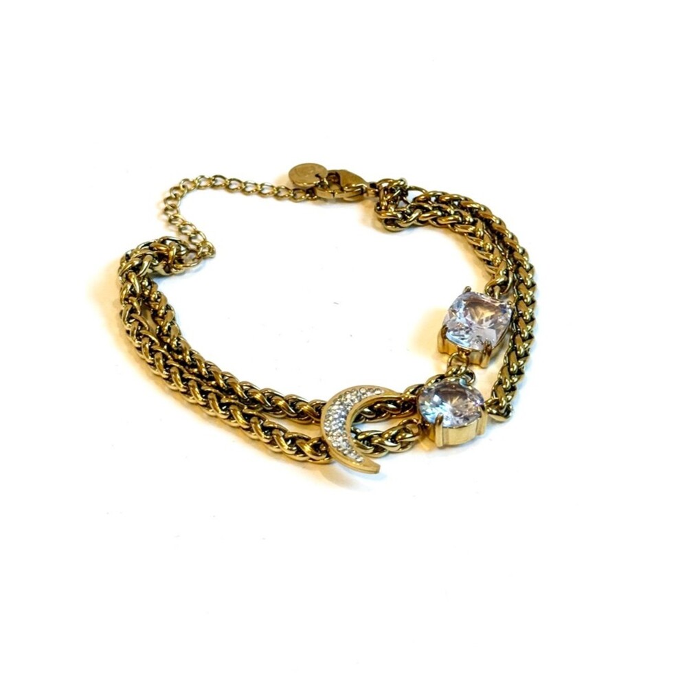 Gold Celestial Crescent Moon Crystal Double Chain Bracelet | NWT